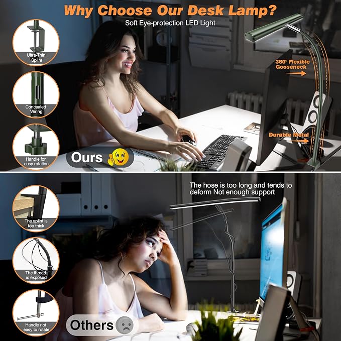 Airlonv LED Desk Lamp with Clamp, 17" Stepless Dimming Light, Green | 2700K-6500K, 100 LEDs, 360° Gooseneck, Fits Up to 30" Monitors, Flicker-Free Lighting for Home Office, Study& Workbench - Image 4