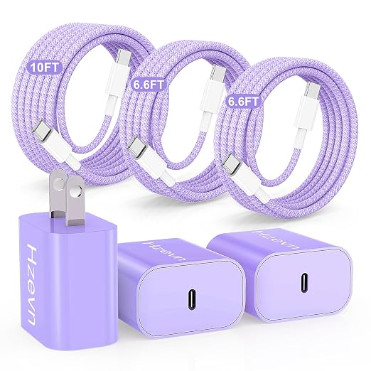20W USB C Fast Charging for iPhone 17 Air/16/15 Pro Max,3Pack Colorful Mixed Charger Block with Braided Long USB C to C Cables (6/6/10ft) Compatible with iPhone16/15 Pro/15 Plus/iPad Pro by Hzevn
