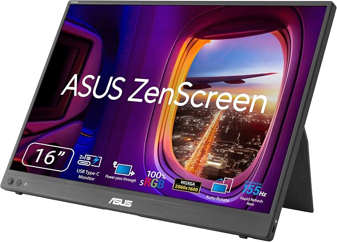 ASUS ZenScreen MB16NCG 15.6 Inch 155Hz,16:10 USB-C Portable Monitor | 100% sRGB, Auto Rotate, WQXGA(2560X1600), USB-C, IPS, Power Pass Through, Eye Care, Travel Display for MacBook and PC by ASUS