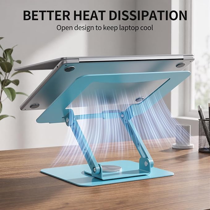 SOUNDANCE 360 Rotating Laptop Stand, Ergonomic Computer Riser for Desk, Adjustable Height Multi-Angle Metal Holder, Foldable Portable Notebook Elevating Base for Office & Home, Blue - Image 5
