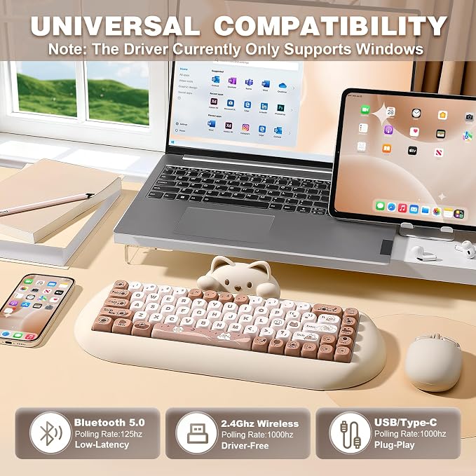 YUNZII C68 Wireless Mechanical Keyboard,65% Layout,Hot Swap,Triple Mode BT5.0/2.4G/Wired, RGB Backlit NKRO,Cute Cat Silicone Ergonomic Design for Win/Mac (Brown, Milk Switch) | Wireless Triple Mode BT5.0/2.4G/Wired, RGB Backlit NKRO, Cute Cat Silicone ... - Image 3