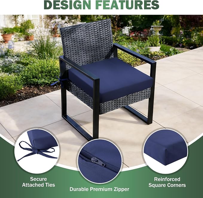 Outdoor Chair Cushions Set of 2, 22x22x3 Inch Waterproof & Fade Resistant Patio Furniture Seat Cushions with Ties, Square Outdoor Dining Chair Cushions for Lawn, Garden, Deck & Yard, Navy Blue - Image 4