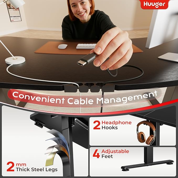 Huuger Electric Standing Desk with Power Outlets and USB-C Port, 55 X 24 Inch Height Adjustable Desk, Sit Stand Desk for Home Office, Computer & Gaming Desk with 4 Presets, Stable Steel Frame, Black - Image 6