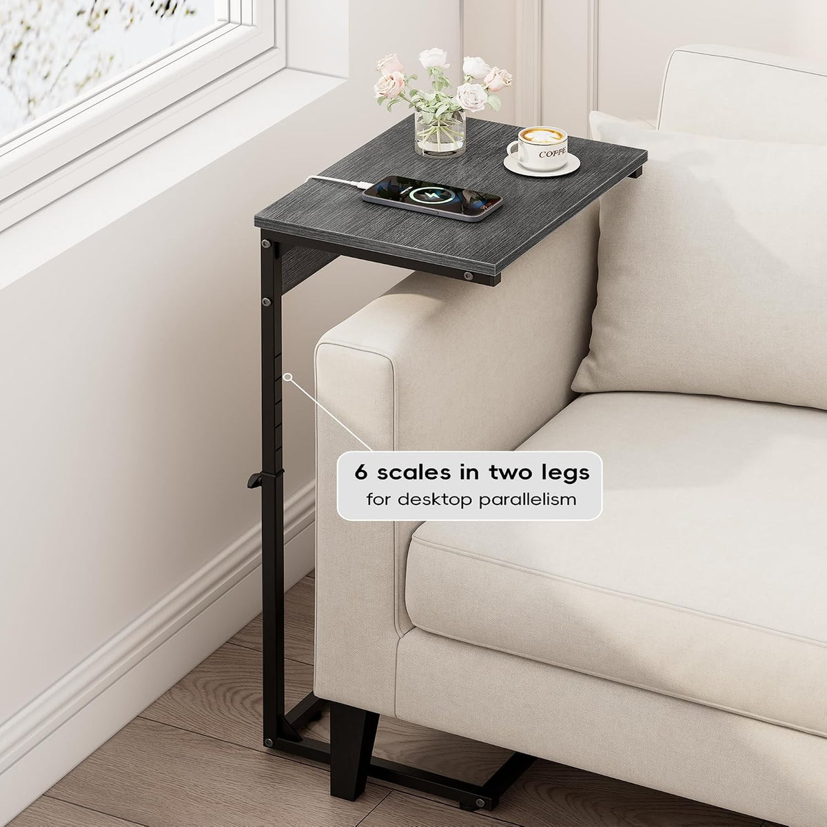 C Shaped End Table with Charging Station, Adjustable Height Side Table for Couch, Small Side Table, 33.2'' Tall Couch Tables that Slide Under, Tv Tray End Table for Living Room, Gray Walnut - Image 4