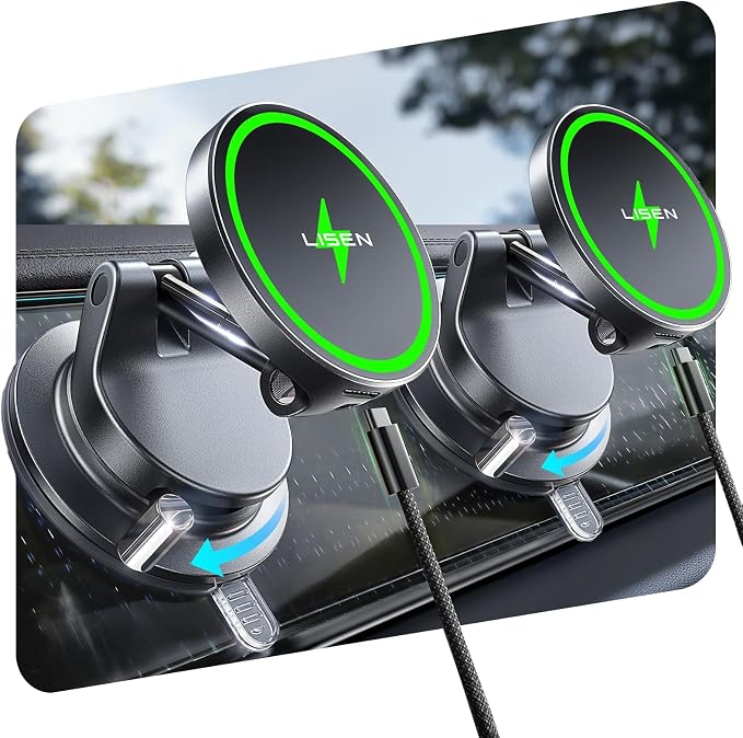 LISEN for 15W Magsafe Car Mount Charger 2 Pack, Magnetic Phone Holders for Your Car, Magnetic Wireless Car Charger, Suction Phone Mount for Car Accessories for iPhone 17 Pro Max 16 15 14 13 12 by Lisen