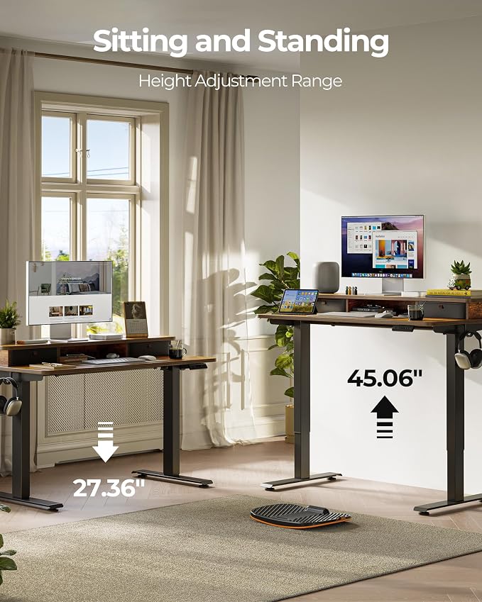 48x24 Inch Electric Standing Desk with Double Drawers, Adjustable Feet & Hooks, Ergonomic Home Office Workstation, Brown - Image 5