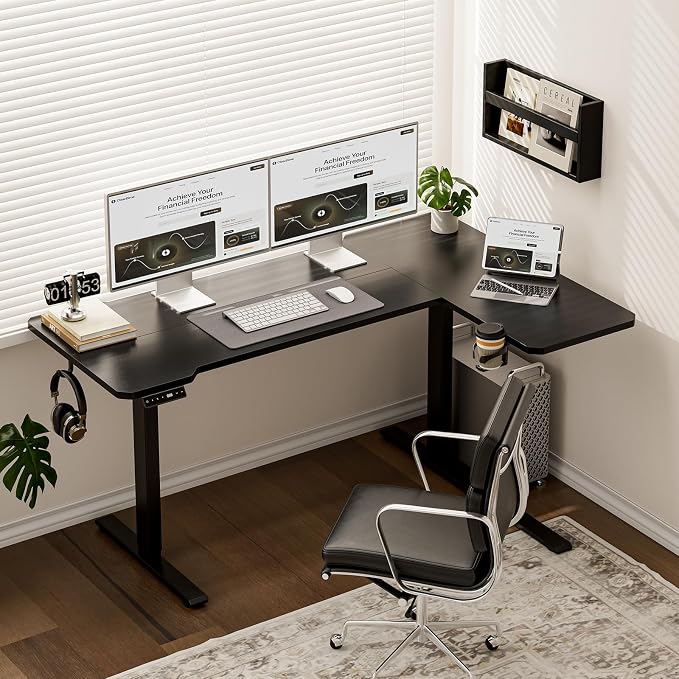 L Shaped Electric Standing Desk - 51x31.5 Inch Reversible Corner Sit Stand Desk with Hook&Cup Holder,Electric Height Adjustable Table,for Small Home Office&Bedroom Computer Desk, Black - Image 2