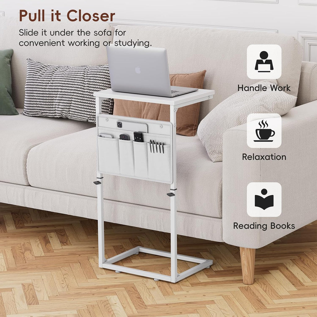 C Shaped End Table, 33" Tall Side Table for Couch, Adjustable Height Small Couch Side Table for Small Spaces, C Table End Table Slide Under Sofa Table TV Tray for Living Room Bedroom, White - Image 3