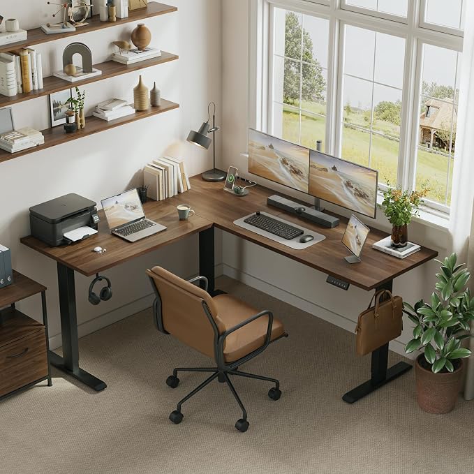 Klicelor L Shaped Standing Desk 63 x 55 Inch, Electric Height Adjustable Corner Desk for Home Office Workstation, Ergonomic Sit Stand Computer Table with Memory Controller, Dark Walnut - Image 2