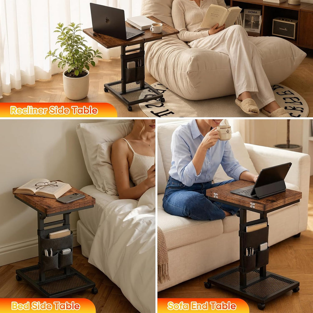 Aduanbang TV Tray Table, C-Shaped End Table, 6-Level Adjustable Height,Sofa Side Desk for Couch, Bed, Chair, Living Room (Brown) - Image 3