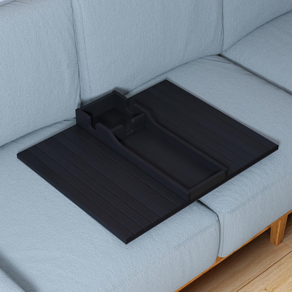 SpaceAid Bamboo Couch Cup Holder, Anti Falling Foldable Sofa Armrest Tray with Cup Holder, Couch Arm Side Table Organizer for Drink Cup Remote Snacks (Black) - Image 7