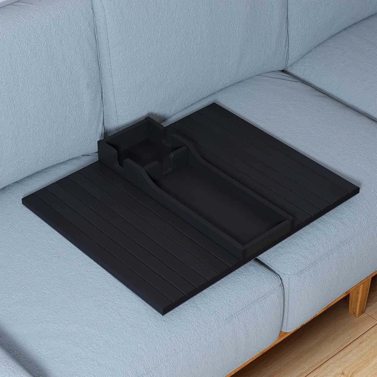 SpaceAid Bamboo Couch Cup Holder, Anti Falling Foldable Sofa Armrest Tray with Cup Holder, Couch Arm Side Table Organizer for Drink Cup Remote Snacks (Black) - Image 7