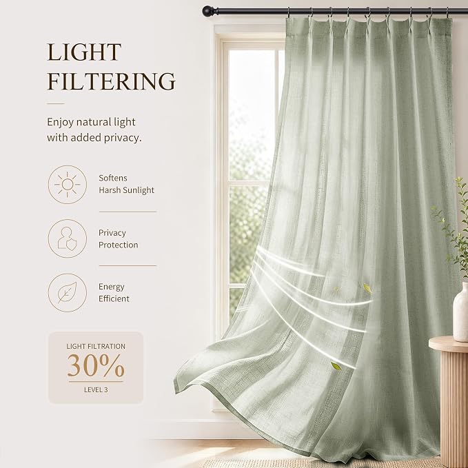 Hokibero Sage Green Pleated Linen Curtains 108 Inch Long for Living Room | Light Filtering Sheer Curtain,Pinch Pleat Back Tab Hooks Rings,Farmhouse Textured Privacy Drapes for Bedroom Window,2 Panels - Image 6