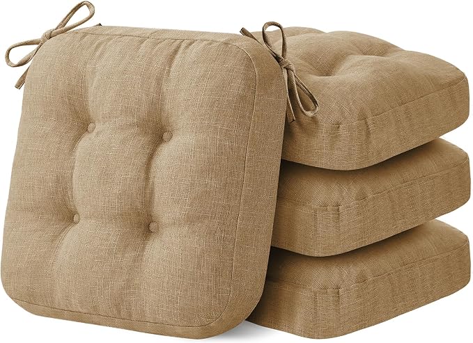 IASEAHK Chair Cushions for Dining Chairs, Dining Chair Cushions, Tufted Indoor Chair Pads with Ties & Non Slip Backing, Seat Cushions for Kitchen Chairs 16.5” x 16.5” x 3.5”, Set of 4, Khaki by IASEAHK