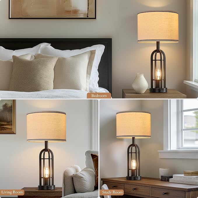SRJJA Black Table Lamps for Living Room Set of 2 - Farmhouse Industrial Lamps for Night Stands with Night Light & USB A+C, 24" Rustic Bedside Lamp for Bedroom, Bulbs Included - Image 4