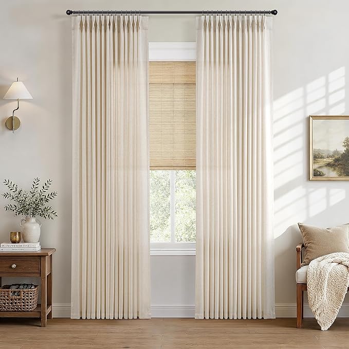 Hokibero Cream Pinch Pleated Linen Curtains 80 Inch Long for Living Room | Beige Light Filtering Semi Sheer Curtain,Back Tab Hooks Rings,Farmhouse Textured Privacy Drapes for Bedroom Window,2 Panels by Hokibero