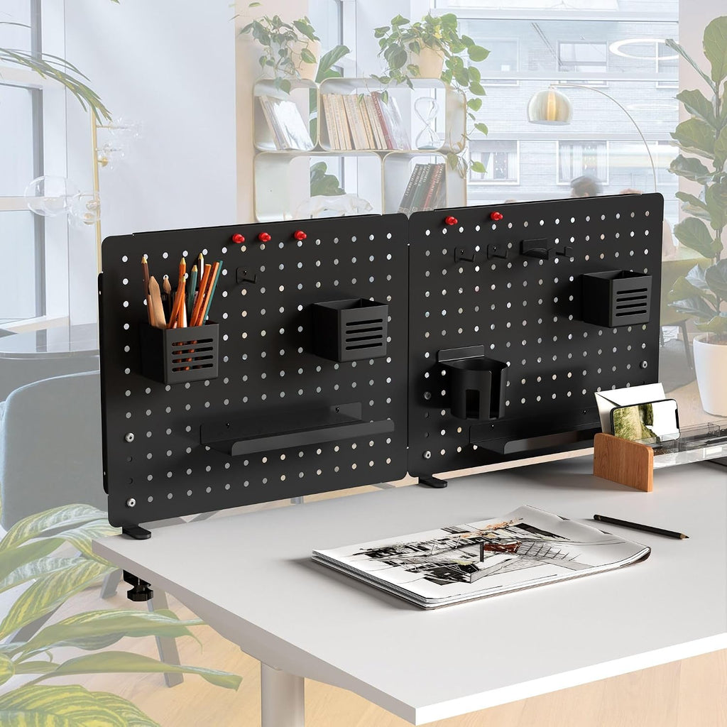 Kantek Pegboard Desktop Organizer & Accessories, Sits, Hangs or Clamps to Tables, 20.58” X 17” Black Steel Privacy Panel, Cup Holder, Pen Cup, Headphone Holder, Tray, Magnets, Easy Install - Image 2