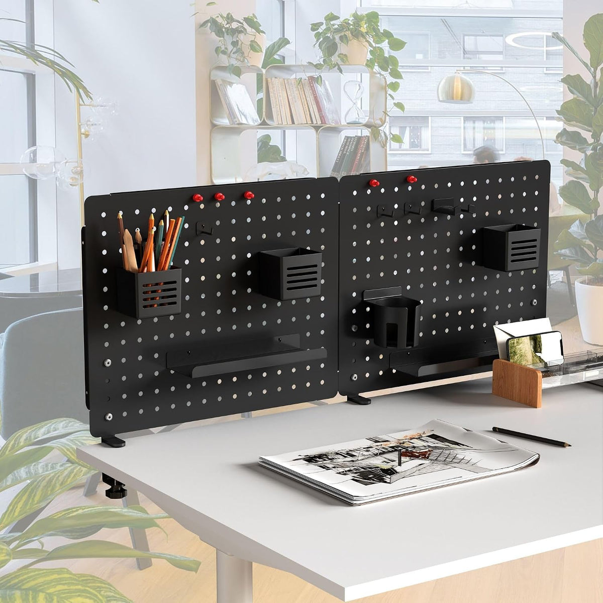 Kantek Pegboard Desktop Organizer & Accessories, Sits, Hangs or Clamps to Tables, 20.58” X 17” Black Steel Privacy Panel, Cup Holder, Pen Cup, Headphone Holder, Tray, Magnets, Easy Install - Image 2