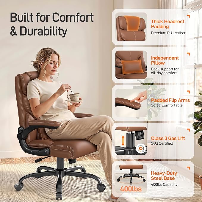 Office Chair, Executive Mid-Back Computer Desk Chair with Flip-up Armrests | 300 Lbs Ergonomic Leather Swivel PC Chair with Rock Function for Working Studying (Brown) - Image 6