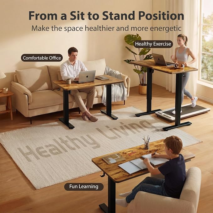 Cubiker Standing Desk, 48x24 Inches Sit Stand Home Office Desk, Electric Stand up Desk, Adjustable Desk with Splice Board, Black Frame/Rustic Brown Top - Image 4