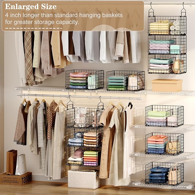 Sonyabecca 3-Tier Extra Large Closet Hanging Organizer with Dividers, Clothes Hanging Shelves with 2 Hanging Hooks & 5 S-Hooks, Wire Storage Baskets for Sweaters, Shoes, Handbags & Accessories - Image 3