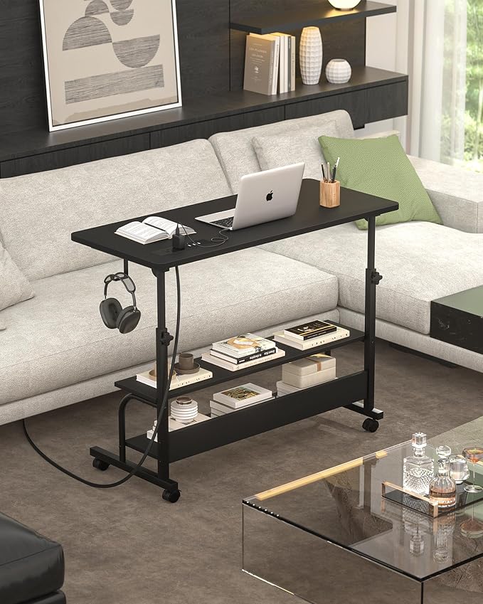 32" Rolling Standing Desk with Charging Station for Couch Bed | Height Adjust 27.5-41", 2 AC/3 USB, Mobile 4 Lockable Wheels, 2-tier Shelves Hook, Safe Corner Fast Assembly - Image 8