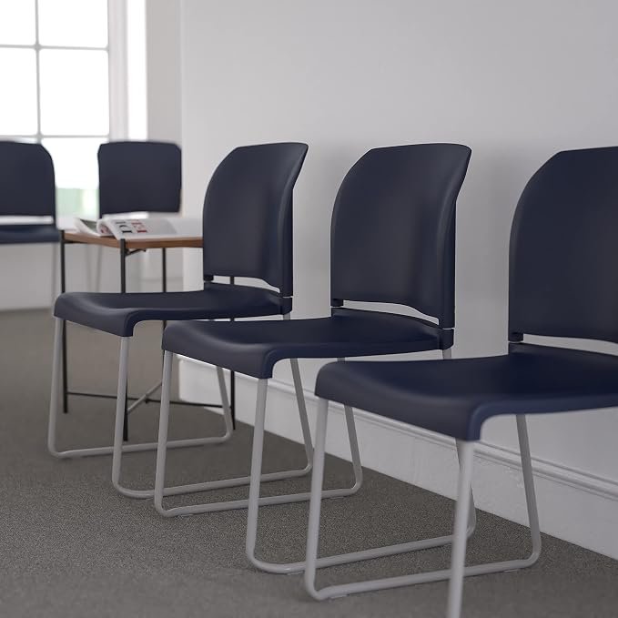 Flash Furniture Hercules Series Contoured Stacking Chairs for Waiting Rooms and Offices, Ergonomic Lobby Chairs with Curved Back, Set of 5, Navy | Sled Base, Powder Coated, Contoured, 880 LBS. Weight Capacity by FlashFurniture