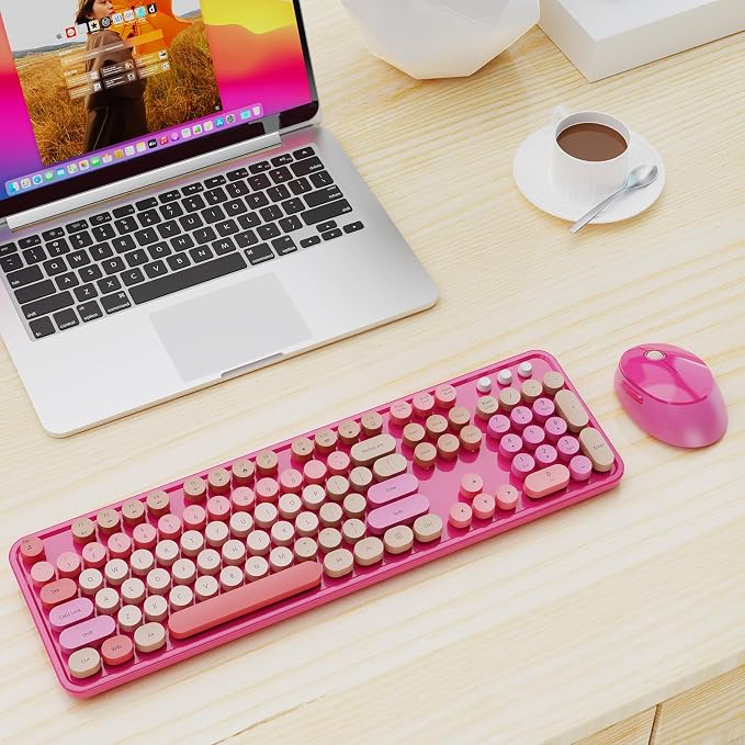 Nowlike Wireless Keyboard and Mouse Combo, Retro Typewriter Keyboard with Round Keycaps, Full-Size Ergonomic, Red, Ideal for Windows PC, Home, Office, and College, Wireless Keyboard Mouse Combo - Image 8