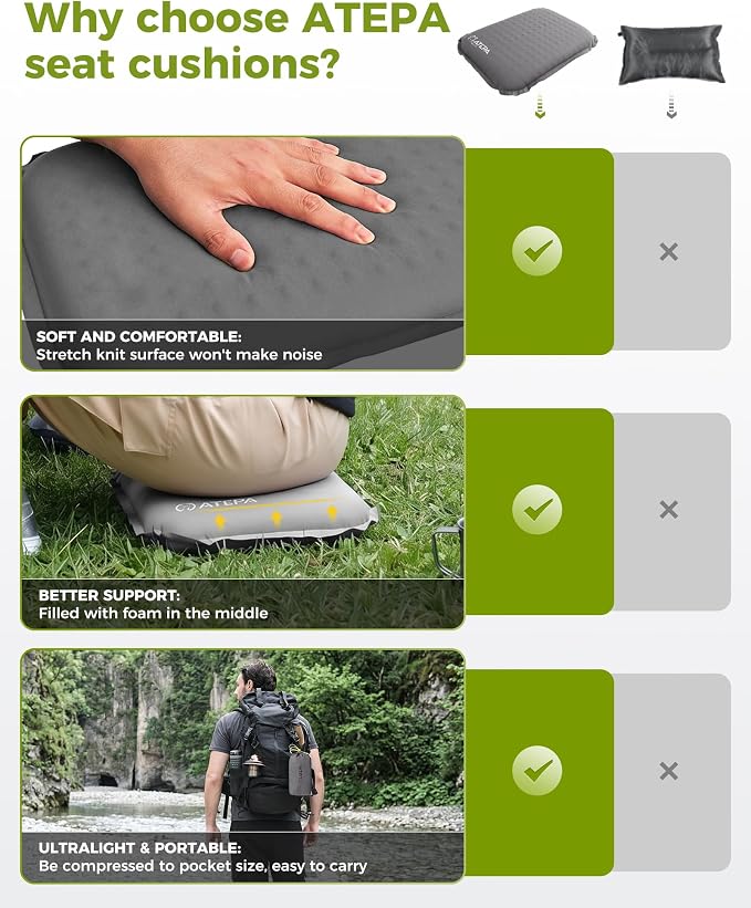 ATEPA Inflatable Seat Cushion | 2" & 2.5" Foam Core Seat Pad, Self Inflating, Compact, Stadium, Airplane, Travel, Camping, Hiking, Sports events - Image 7