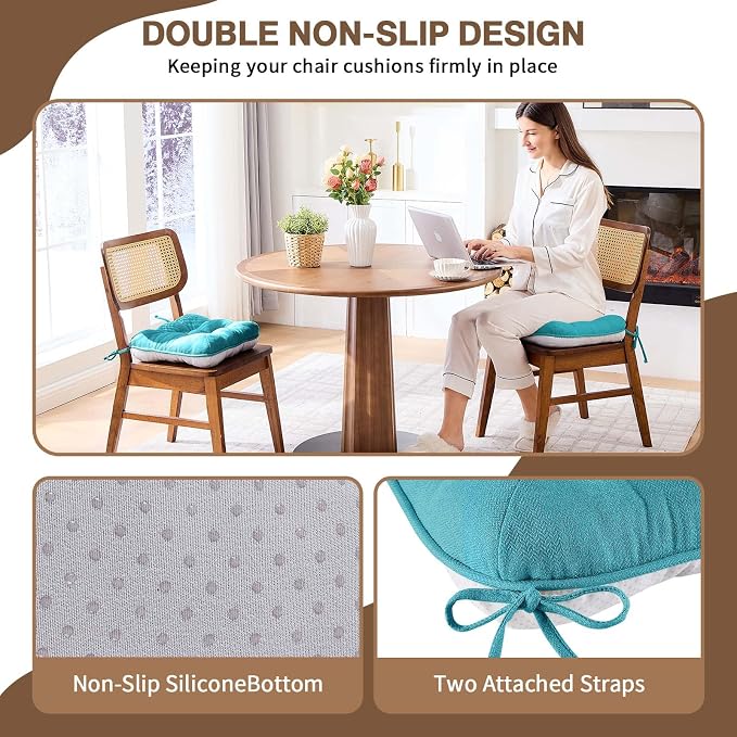BETU Chair Cushions for Dining Chairs Set of 6,3.5" Thick Kitchen Table Chair Pads with Ties,Non Slip Backing and Covers, Seat Cushion for Dining Room,Bar,Patio Chairs,15.5"X15.5"X3.5",Teal - Image 2