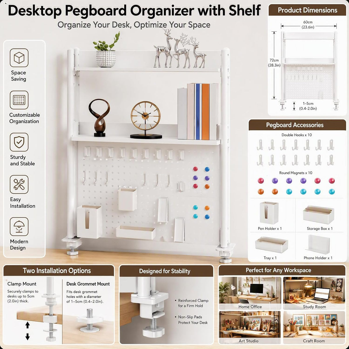 3-Tier Desk Organizer Shelf, Adjustable Pegboard Bookshelf, White - Image 3