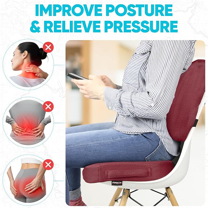 FORTEM Seat Cushion & Lumbar Support for Office Chair, Wheelchair, Car | Memory Foam | Ergonomic Design | Washable Cover | Non Slip | Red - Image 5