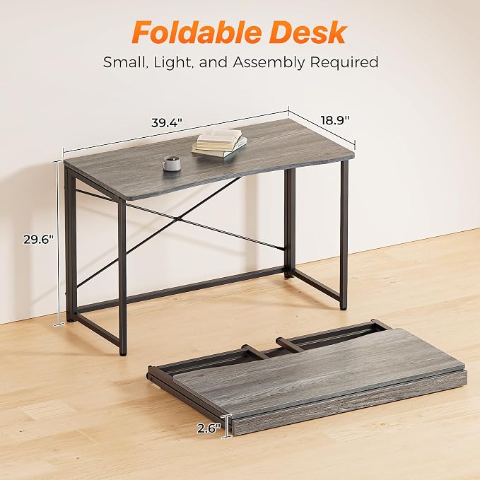 Huuger Folding Desk for Small Spaces, 39.4 Inch Foldable Computer Table | Easy Assembly, Small Writing Work Office Computer Desk, for Home Office, Study, Bedroom, Dorm, Space Saving, Grey - Image 2
