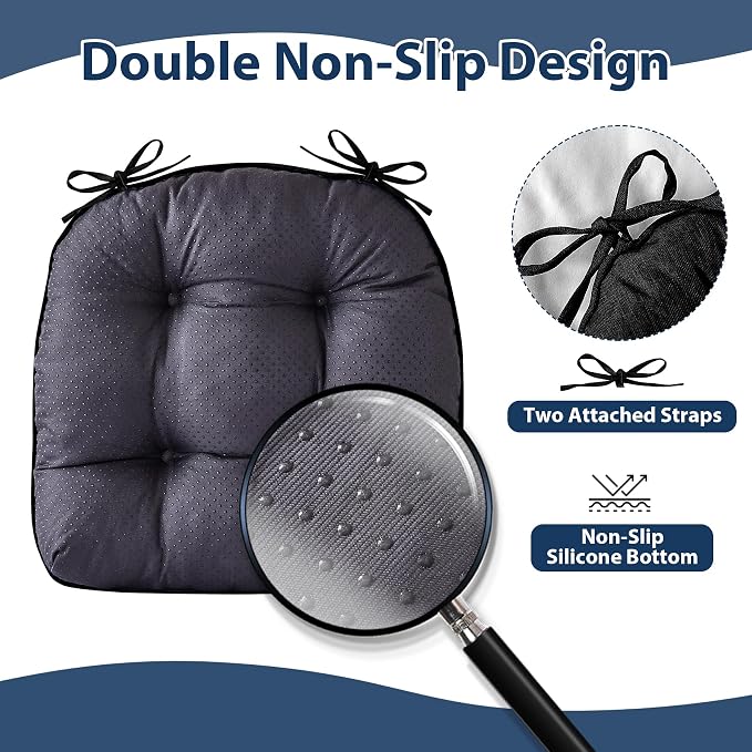 IASEAHK Chair Cushions for Dining Chairs, Seat Cushions for Kitchen Chairs, Indoor Seat Cushions with Ties, Tufted Foam Chair Pads, Non Slip Chair Cushions Set of 6, 15.5" x 15.5" x 4", Black - Image 4