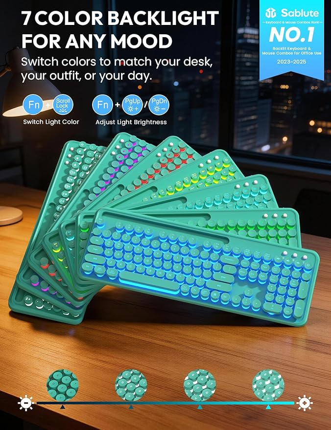 Wireless Keyboard and Mouse, Backlit Typewriter with Magnetic Wrist Rest | Phone Holder, Light Up Round Keycaps, Lighting Mouse, 2.4GHz Cordless Set for Mac, Windows, PC, Laptop, SABLUTE - Image 2