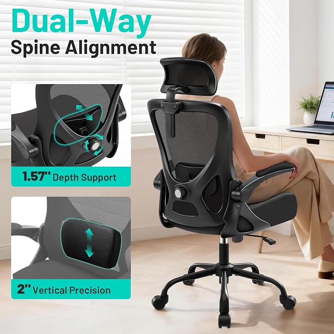 Office Chair - Ergonomic Desk Chair Breathable Mesh Chair with 2D Headrest & Adjustable Lumbar Support - Executive High Back Rolling Swivel Computer Gaming Chair with Wheels Flip-up Armrests - Image 3