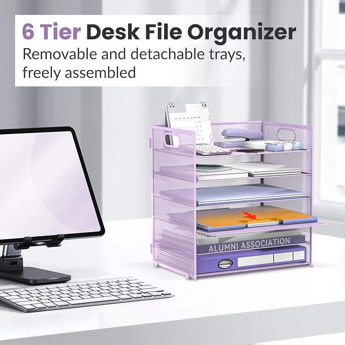 Daltack 6-Tier Paper Organizer for Desk with Handle, Purple | Sturdy Metal Mesh Organizer with Movable Middle Trays and a Carry Handle for Papers, Folders and Office Supplies - Image 5