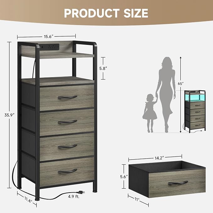 Lazzanto Nightstand with Rear Charging Station, LED Light, 4 Drawers, Grey | Industrial Nightstand, 2 USB-A Ports & AC Outlets, Raised Back Guard, Fabric Storage Drawers, Bedside Table for Bedroom, Dorm - Image 3