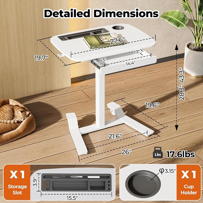 JOY worker Rolling Desk Adjustable Height, Mobile Standing Desk with Drawer | 28" Small Portable Laptop Workstation, Low Base & Moveable Wheels, Cable Storage Tray, Cup Holder, White, Home Office Teacher - Image 2