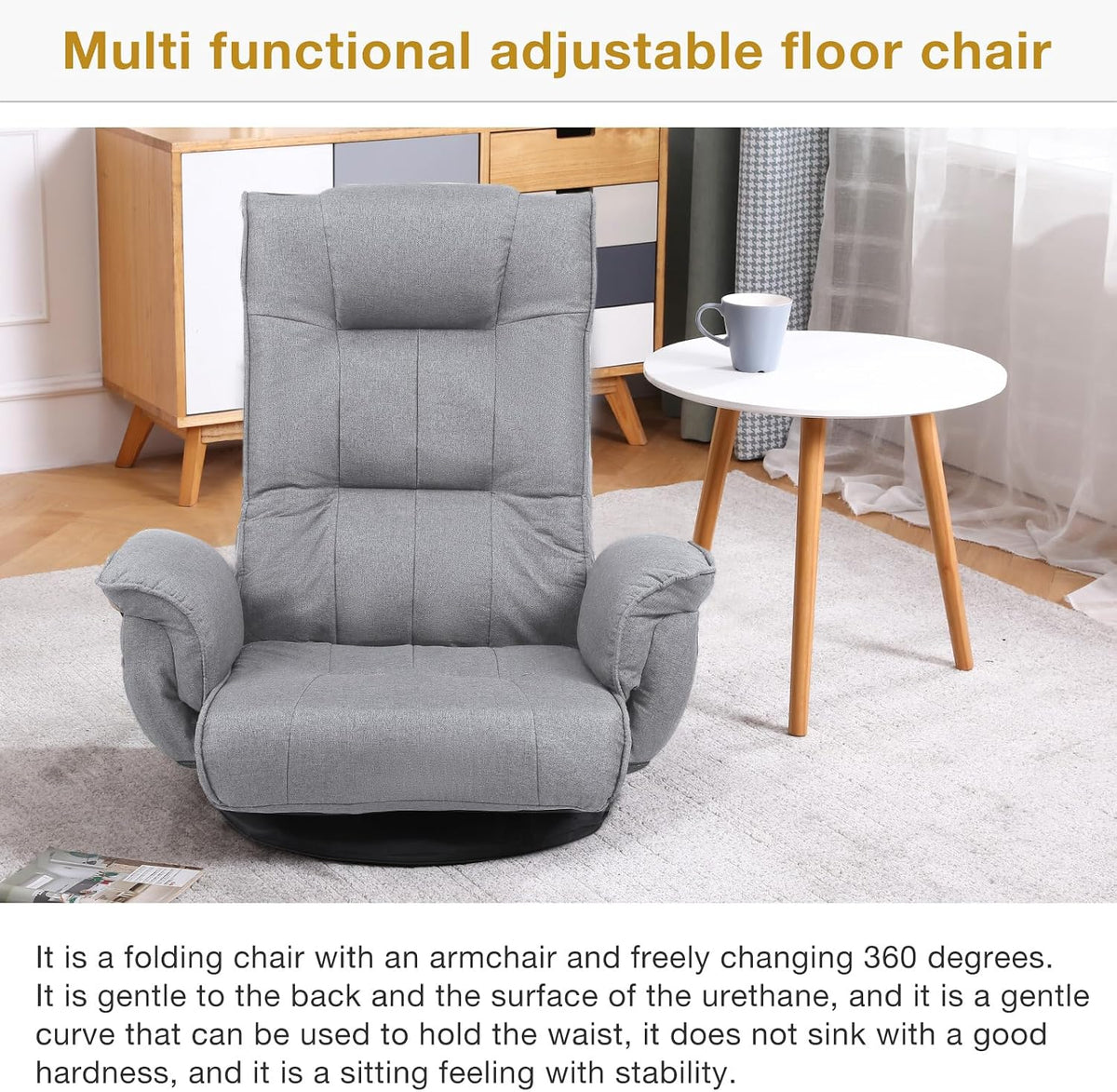 Ergonomic Swivel Floor Gaming Chair with Armrests & Side Pockets, 6-Position Reclining Sofa Bed, Foldable Padded Lounger with Thick Cushion & Lumbar Support for Esports, Reading, TV Watching, Beige - Image 4