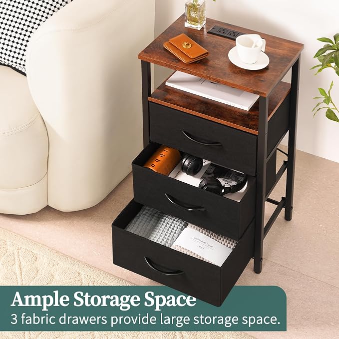 Yoobure Night Stand with Charging Station, 3 Fabric Drawers Nightstand, Bedside Tables with Storage Shelf, End Table with 16 Colors LED, Small Dresser for Small Space, Black Brown | 16 Colors Bedside Table with 3 Fabric Drawers & Storage Shelf, End Tab... - Image 5