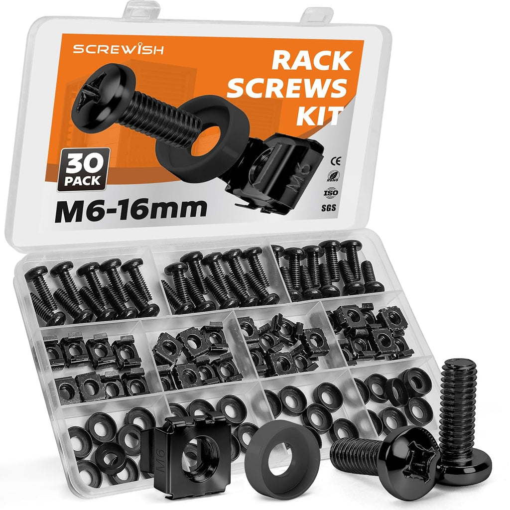 M6 x 16mm Rack Screws Kit, Cage Nuts, 30 Sets, Black by Screwish