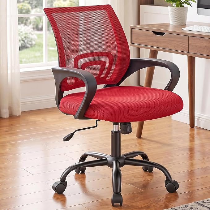 DUMOS Ergonomic Office Chair, Executive Desk Chair with Lumbar Support | Mid Back, Breathable Backrest, Fixed Armrest, Height Adjustable, 360° Swivel, Computer Gaming, Meeting, Red by DumosLifestyle