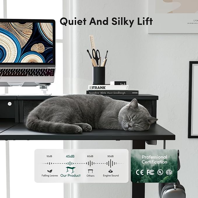 CubiCubi 63x48 Inches L Shaped Standing Desk with 3 Drawers and Monitor Shelf, Height Adjustable Corner Computer Desk with Hooks, Sit Stand Up Ergonomic Home Office Workstation Table, Modern Black - Image 6