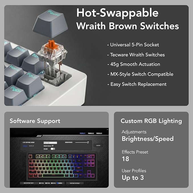 TECWARE Phantom+ Elite 87 Key RGB Mechanical Gaming Keyboard | 3-Mode Wireless Bluetooth 5.0, 2.4GHz & USB-C Wired | Hot-Swappable 5-Pin | Double-Shot PBT Keycaps | Wraith Brown Switch - White - Image 5