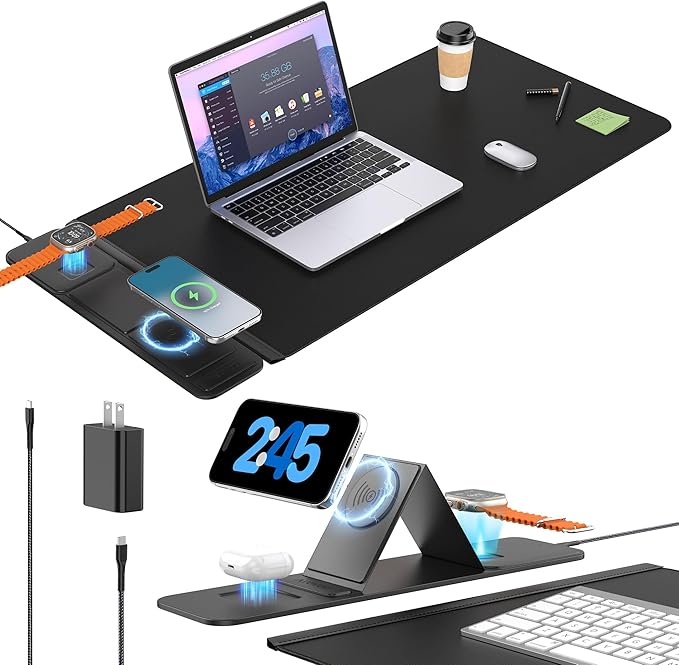 25W Wireless Fast Charging Mouse Pad with Foldable Phone Holder, 2nd Gen 3-in-1 Wireless Charging Desk Mat 35.4" x 15.7" Large Waterproof Desk Pad for Office, Gaming & Home by AEOVOLL