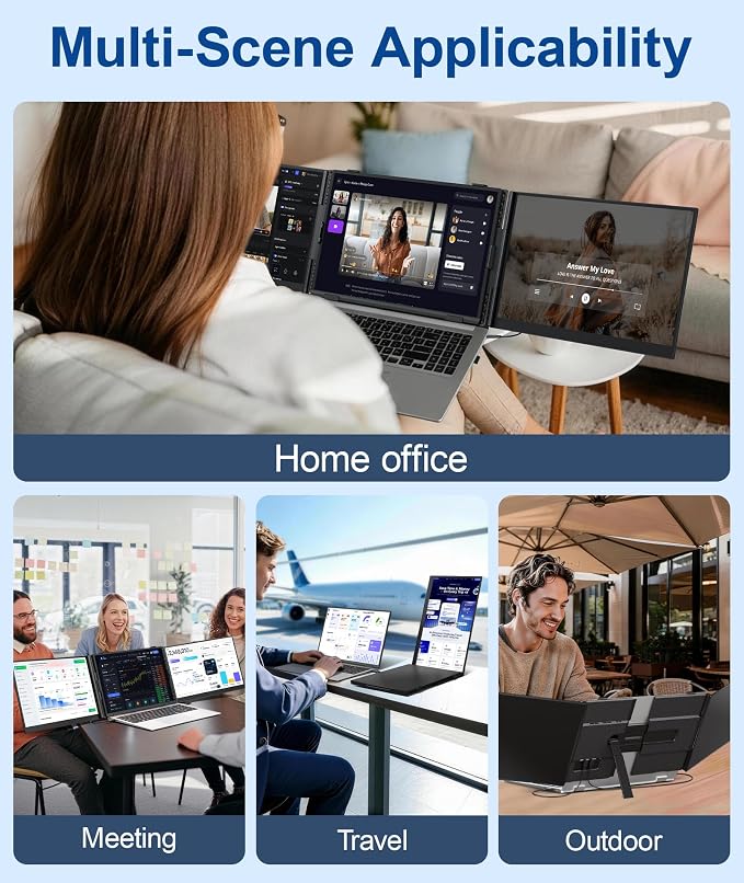 15.3" Laptop Screen Extender, 1200P FHD Triple Portable Monitor | 2.65 lbs Ultra-Light & Ultra-Slim, Travel Monitor for 14"-17.3" Laptops, Plug & Play, Compatible with Wins/Mac/Android - Image 7