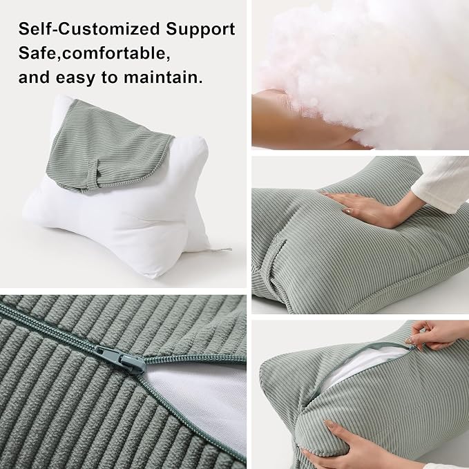 Pat. Pend. Corduroy Lumbar Support Back Pillow for Sitting Up & Reading, Ergonomic Triangle Back Support Cushion for Sofa, Armchair & Bed, Removable Washable Cover, Grey Green - Image 5
