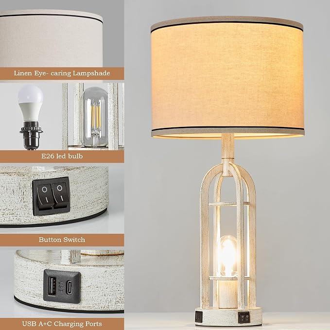 SRJJA Farmhouse Table Lamps for Living Room Set of 2 - Rustic Industrial Lamps for Night Stands with Night Light & USB A+C, 24" Vintage Bedside Lamp for Bedroom, Bulbs Included - Image 5