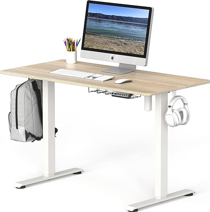SHW 48-Inch Electric Height Adjustable Sit to Stand Desk, Maple | with Hanging Hooks and Cable Management, White Frame and Maple Top - Image 4
